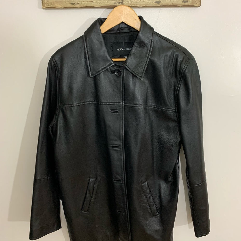 Black satin lined leather coat